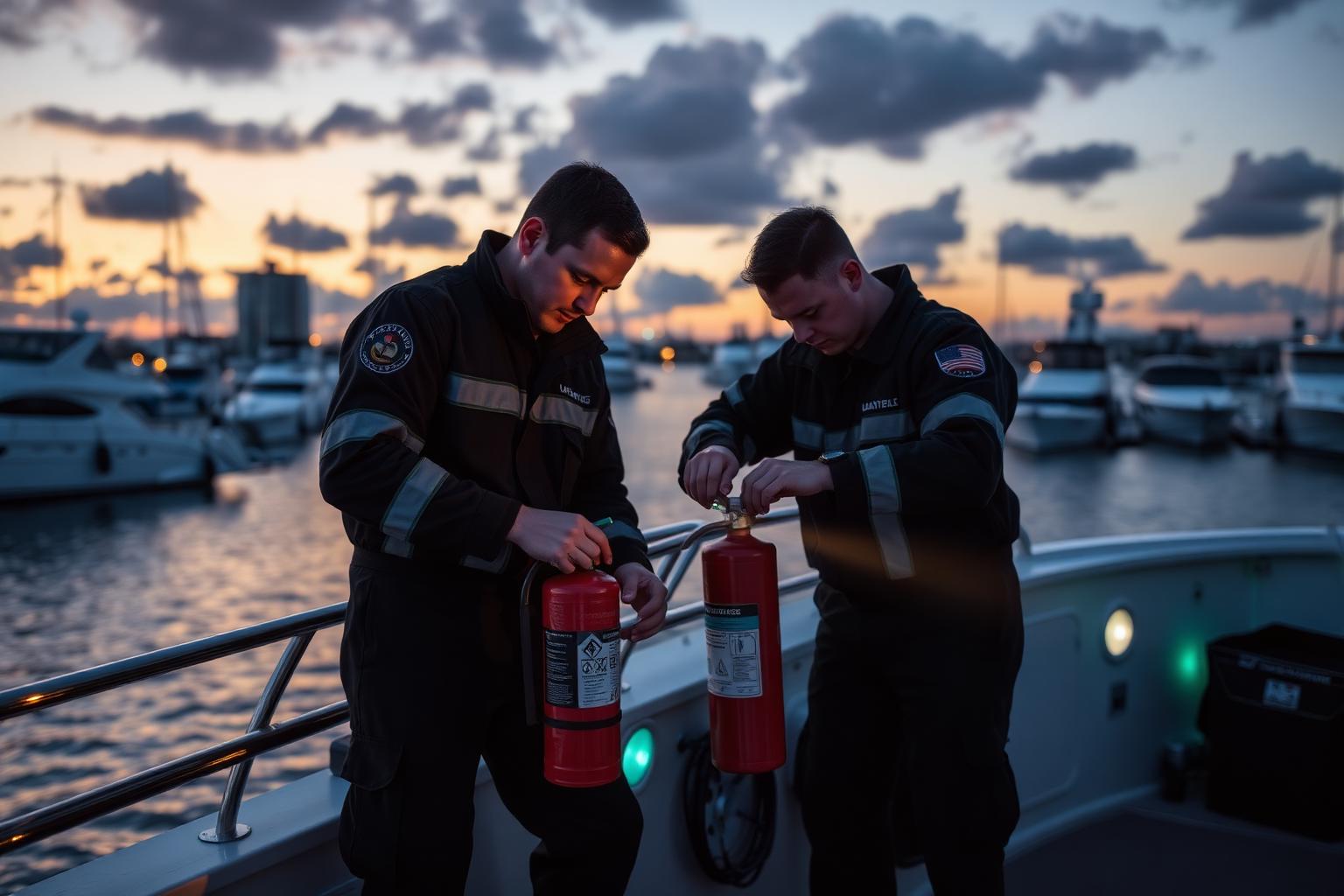 Greenfire Marine technician inspecting fire extinguishers on a yacht deck
